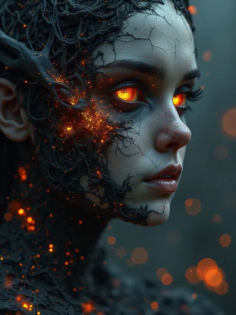 A hyper-realistic close-up portrait of a mysterious figure, their face partially covered in cracked black volcanic ash and glowing embers. Their piercing eye burns with an intense fiery orange glow, resembling the molten core of a volcano. Scattered ember ...