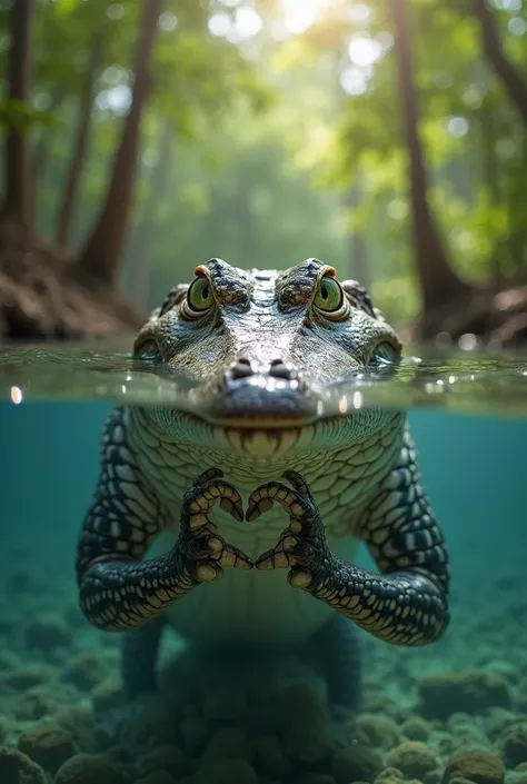 "A crocodile half-submerged in the water, with his head popping to the surface. His eyes are sharp and green,  staring directly into the camera . Under the surface of the clear water , This crocodile uses its claws to form the gesture 'saranghae' (Korean l...