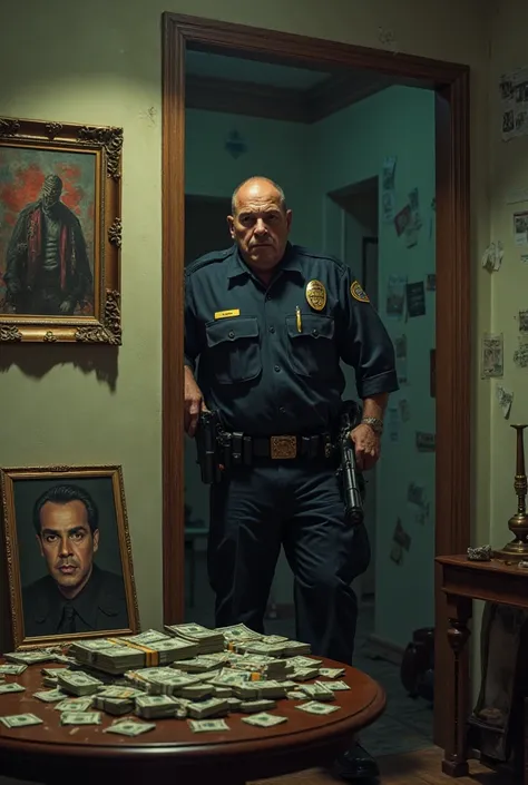 throw: You are a cop in a raid against the cartel — Entering a suspicious house, Gun in hand, refurbished furniture, bundles of money hidden in false walls and a photo of Pablo Escobar on the table.