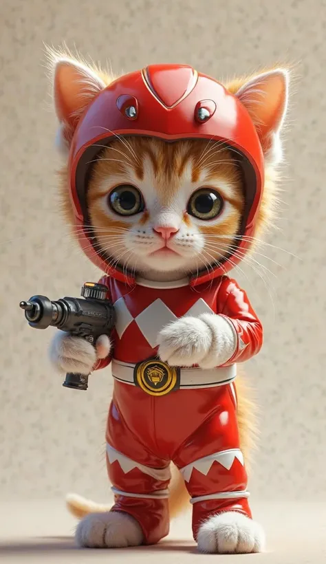 kitten (kitten cat orange, cute, dressed like power ranger), holding a water spray, towards the camera 