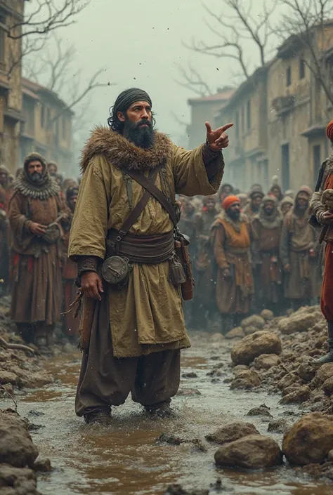 Ali gathers a group of ren, leading them to stack stones and branches to block the rising water. He points forward with determination, while the villagers in the background start joining in, helping to build a protective barrier.