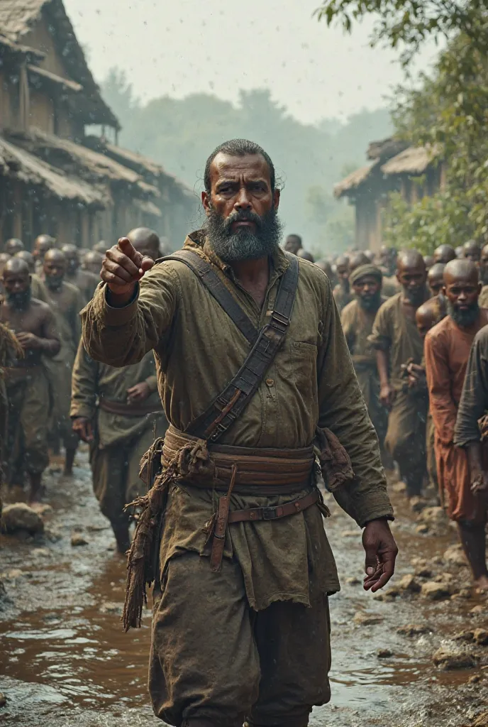 Ali gathers a group of ren, leading them to stack stones and branches to block the rising water. He points forward with determination, while the villagers in the background start joining in, helping to build a protective barrier.