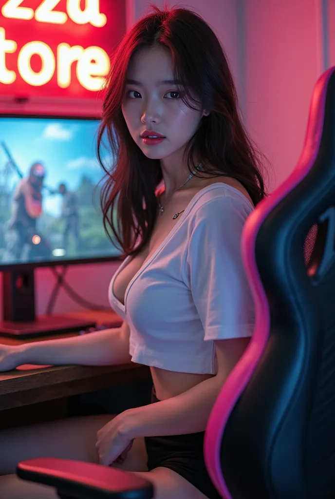 A Korean girl, image of a 23 year old girl, cute face, black hair, top clothes, she is wearing a white v neck tshirt, big breast, cleavege, low clothes, she is wearing a black panties, she sits on a pink,black gaming chair facing forward. A computer on the...