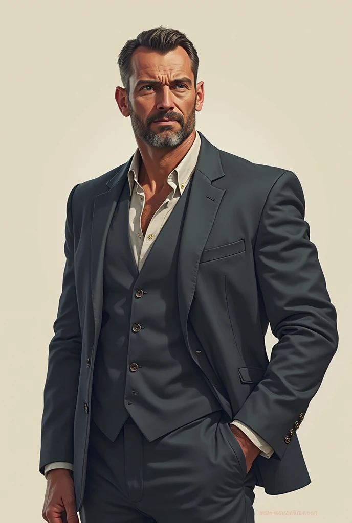 Tall and strong American man 30 years old.  short black hair , wearing an elegant tailor-made suit and a saggy beard.

illustration.