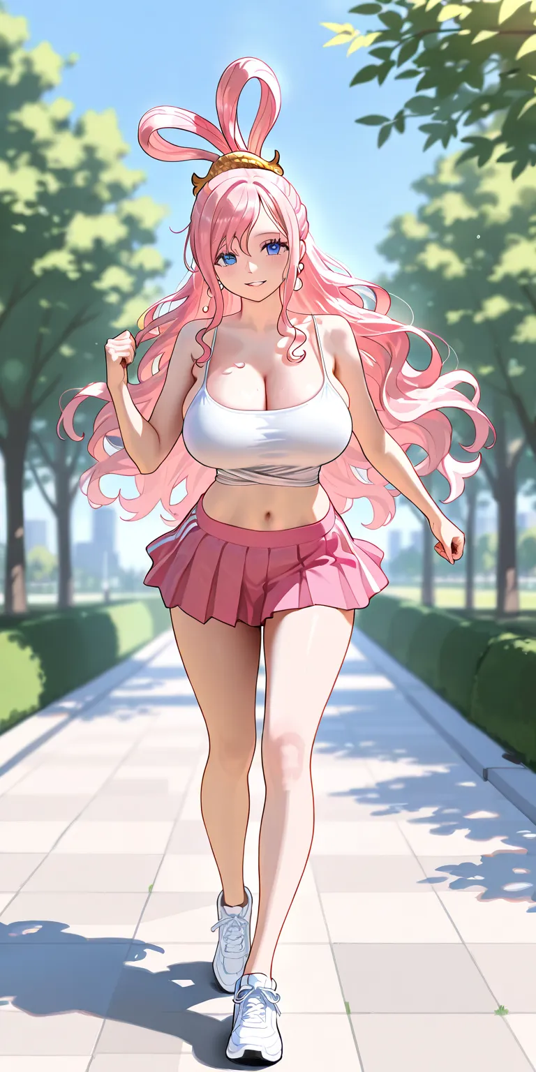 Masterpiece, newest, vibrant, very aesthetic, high contrast, mature woman, princess shirahoshi\(one piece\), white color spaghetti strap top, pink color pleated mini skirt, white sneakers, big breast, full body, parted lips, smile, jogging, on a park, best...