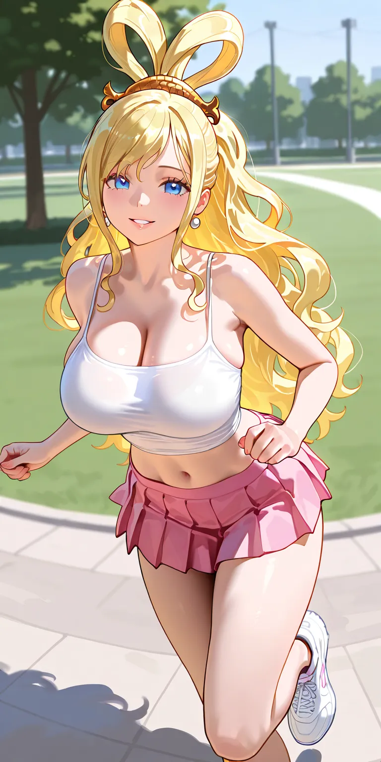 Masterpiece, newest, vibrant, very aesthetic, high contrast, mature woman, princess shirahoshi\(one piece\), white color spaghetti strap top, pink color pleated mini skirt, white sneakers, big breast, full body, parted lips, smile, jogging, on a park, best...