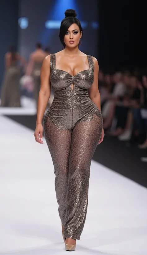 milf,milky white skin body,thick and voluptuous body, round tits,curvy hourglass body,wide ass,((SFW)),(( small waist wide hips in a form-fitting, metallic, bronze-gray, sheer maxi dress, with long black hair, walking on ramp on a catwalk at thigh exposing...