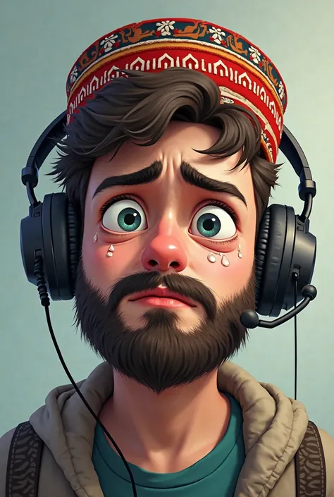 take a picture of a  boy crying, but with a beard, with tears in his eyes and an Afghan hat. Slovenian. computer headphones with microphone.  cartoon style