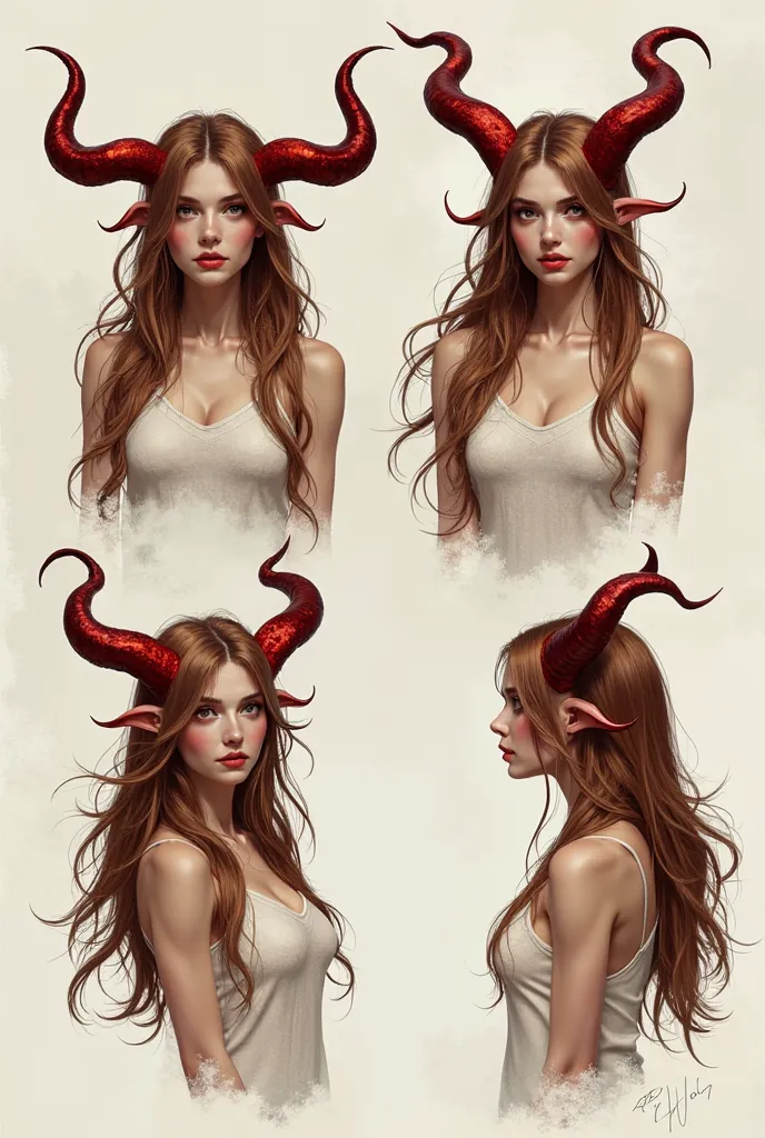 Create a drawing of a girl with long brown hair, red horns, in various positions so that I can create clothes for us to my liking 