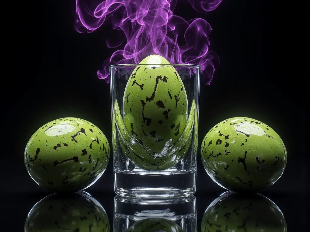 Green Bird Eggs, Patterns on beautiful eggshells, Magic Patterns, , a purple aura emanates from an egg, submerged in liquor glass, Square Liquor Glass, black background,  Realistic, masterpieces., movies, Details Clear, 8K resolution.