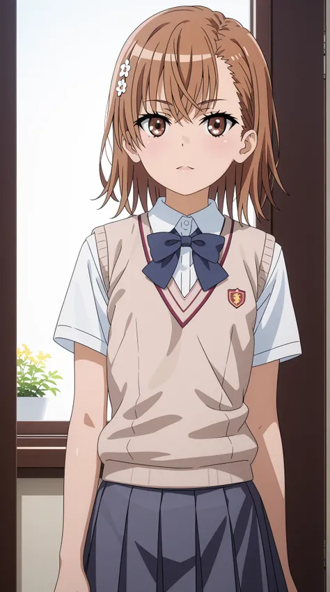 (UHD, retina, masterpiece, accurate, anatomically correct, super detail, high details,   highres, 1080P, 16k、high detail RAW color art:1.3)、 (misaka mikoto:1.3)、(short hair, brown hair:1.3)、(very flat chest:1.5)、(shiny skin:1.3)、(skirt, shirt, school unifo...