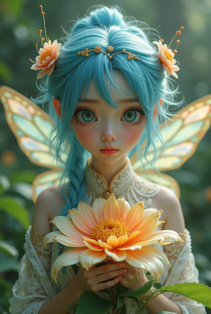  Realistic style photo ,  high definition, A Fairy, Women, Traits is ,  brightly colored wings , Rest on a flower .  Blue hair,  big green eyes.  Wear ao dai. 