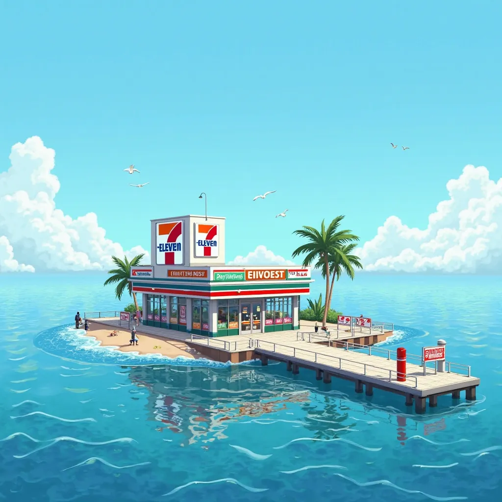 The 7-Eleven convenience store is located on an island surrounded by blue sea. Under the bright sky, the building itself has colorful advertising signs, there are traffic barriers placed at the pier for boat mooring.