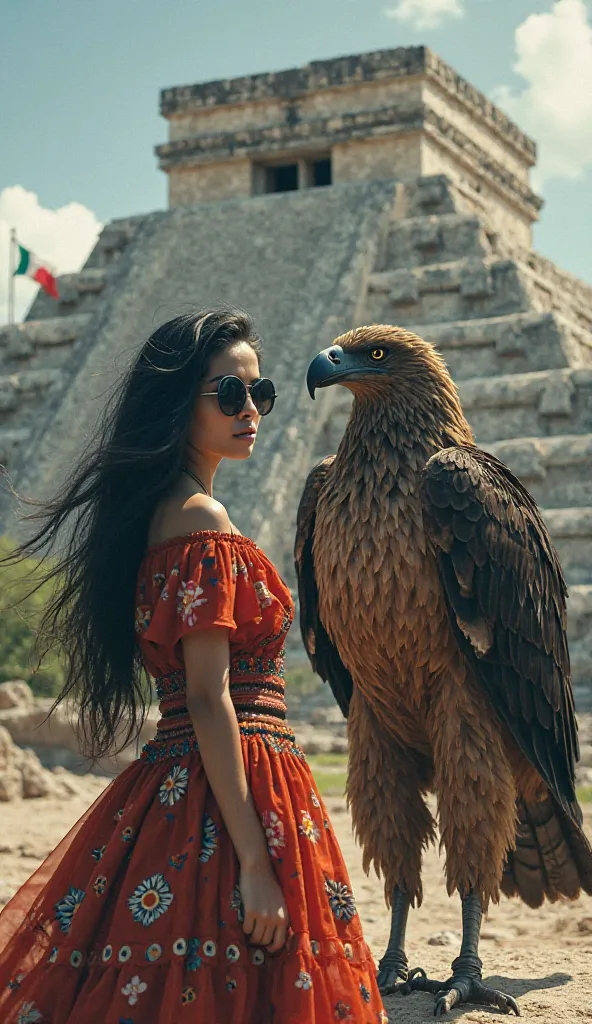 realistic photo of a woman with long black hair wearing lenses in an indigenous Mexican dress walking with an eagle-looking man with the Mexican flag in the background of an Aztec pyramid