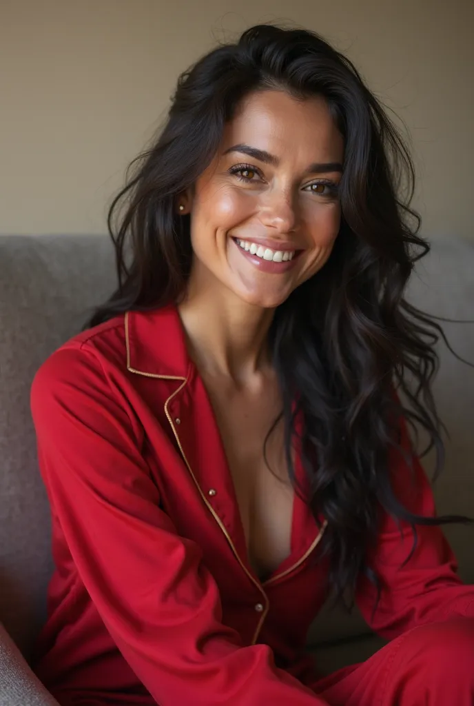  A brunette model with long black hair and brown eyes ,  portraying a successful lawyer and digital influencer , taking a picture in your living room sitting on the couch. She wears red-colored pajamas that highlight her toned physique. She captures your e...