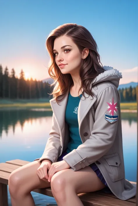 Brown long haired age girl with brown eyes, sitting at the bench and looking at the lake near her, it's cold outside, getting dark, she has a grey coat and emotionless expression on her face 