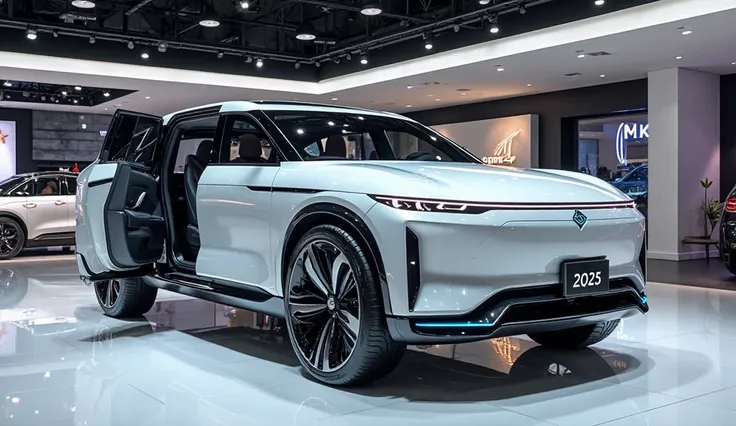 A highly detailed, hyper-realistic render of the 2026 BYD Sealion 7 Concept SUV in a luxury showroom. The driver's side door is open, revealing a futuristic, high-tech interior. The exterior is finished in a glossy, reflective white, with aerodynamic curve...