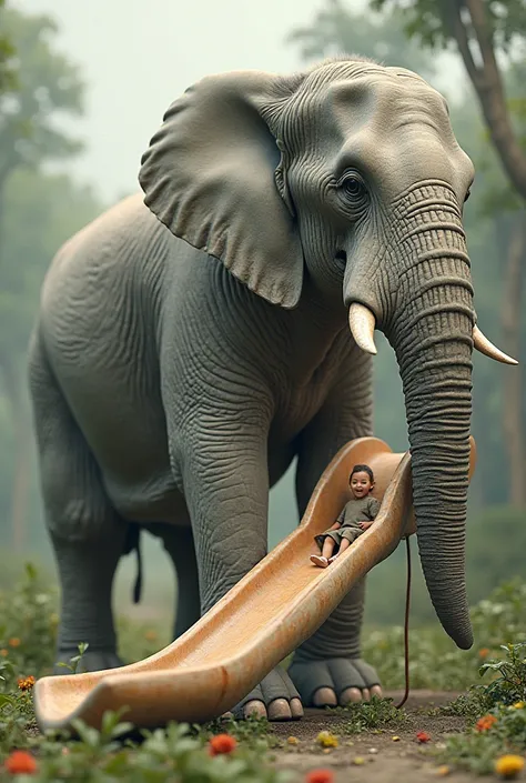 An elephant with a trunk that becomes a slide with a  sliding on it.
The picture should be in profile and hybrid