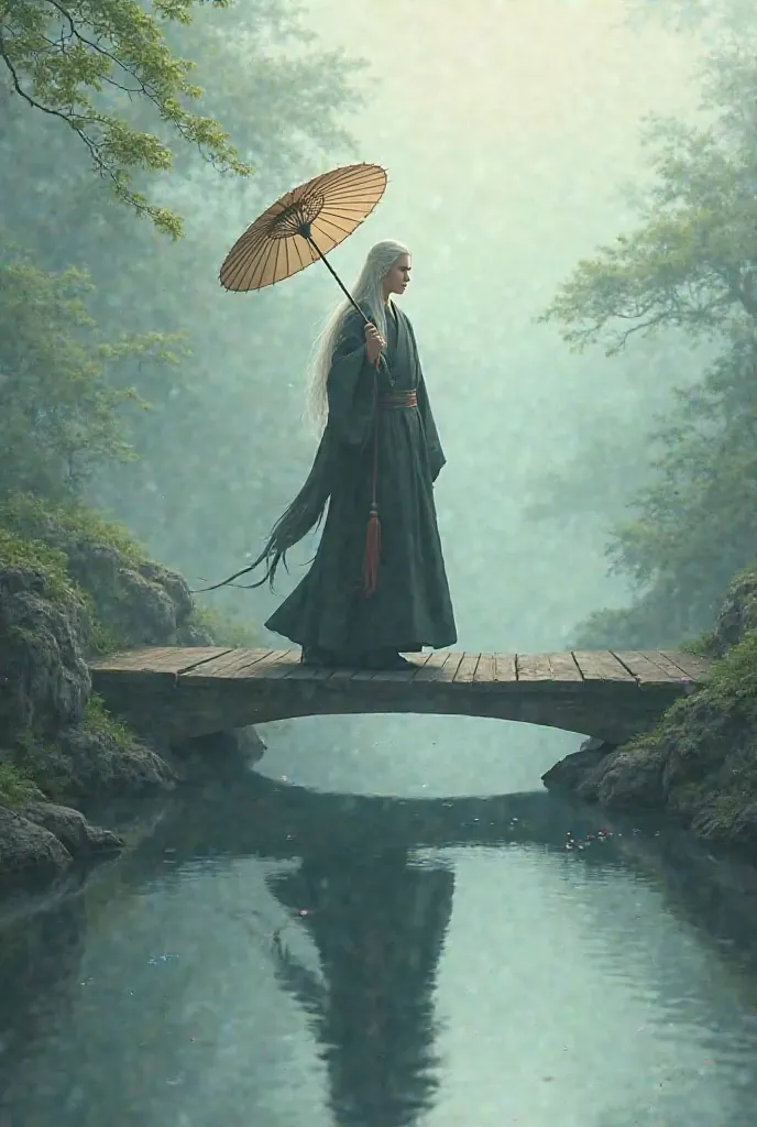 A young man with long white wavy hair, standing on the bridge wearing a black hanbok,in his hand, he holds an oiled paper umbrella