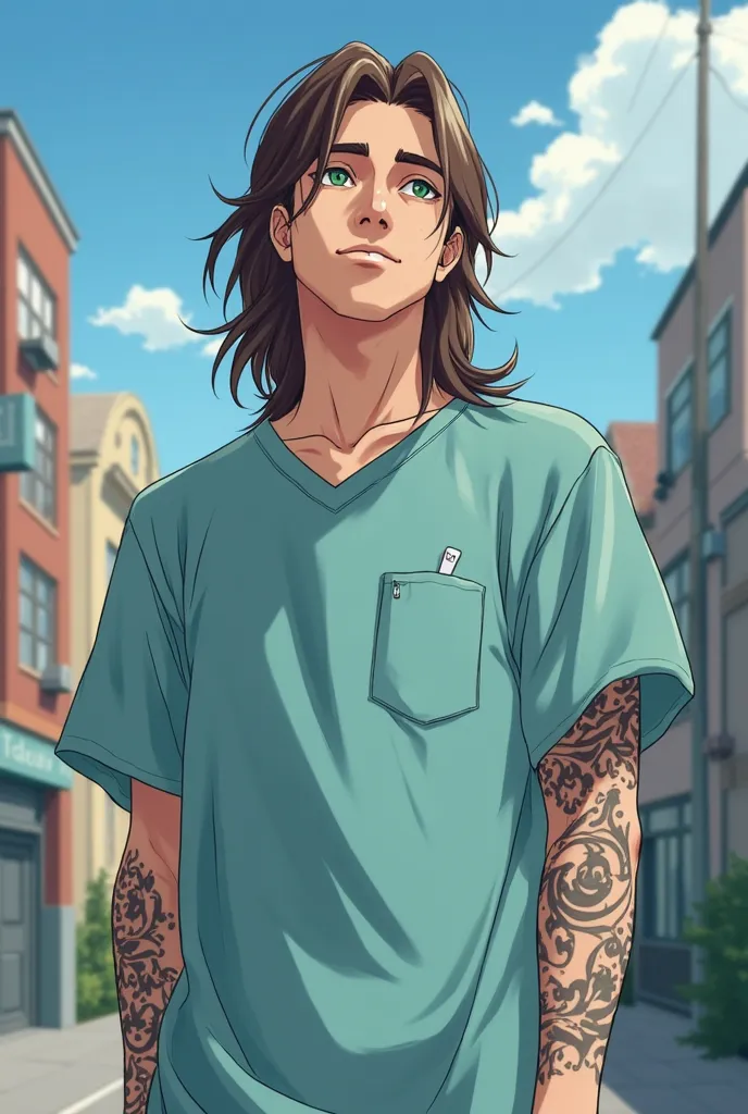 A young white man with long, straight brown hair and green eyes, and a five o'clock shadow, and arm tattoos is wearing a hospital gown and looking blankly off into the distance in a street, anime art style 