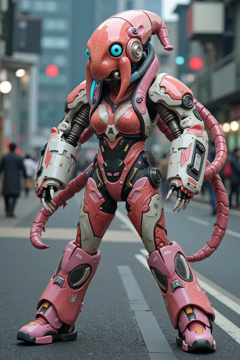 Masterpiece, top quality, 8k, Japanese woman in heavy armed squid-like animal bio suit, A machine is implanted in the living body, inverted jointed leg, vivid color and vivid textures, ultimate realistic beautiful female face, bio-mechanical, ultimate intr...