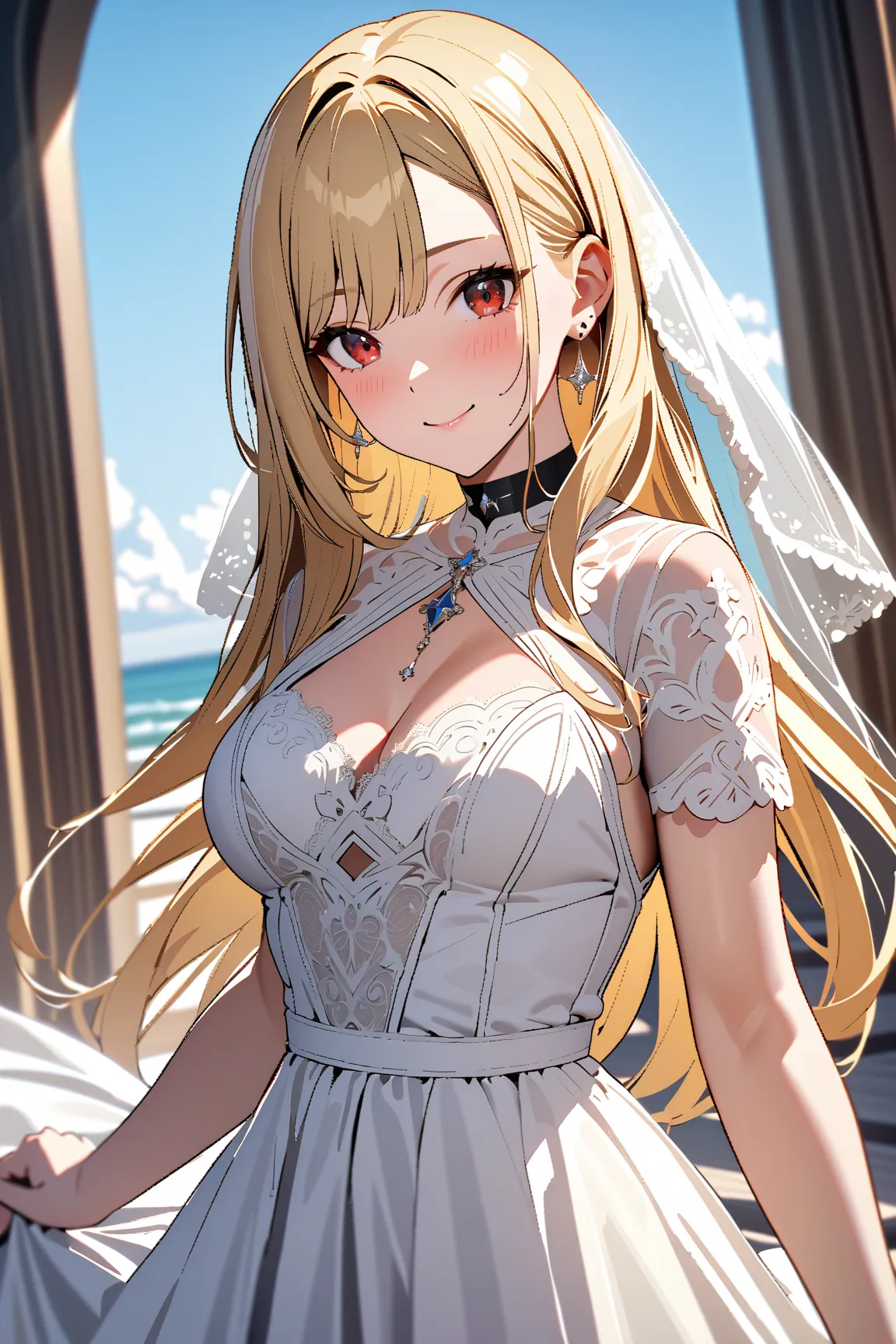 Walking in the Wind, seaside church, bride, blush,  Smile,  kitagawa marin ,  1girl , blonde hair, long hair, multicolored hair, red eyes, jewelry, earrings, piercing, black choker, masterpiece:1.5, highest quality, UHD, retina, masterpiece, accurate anato...