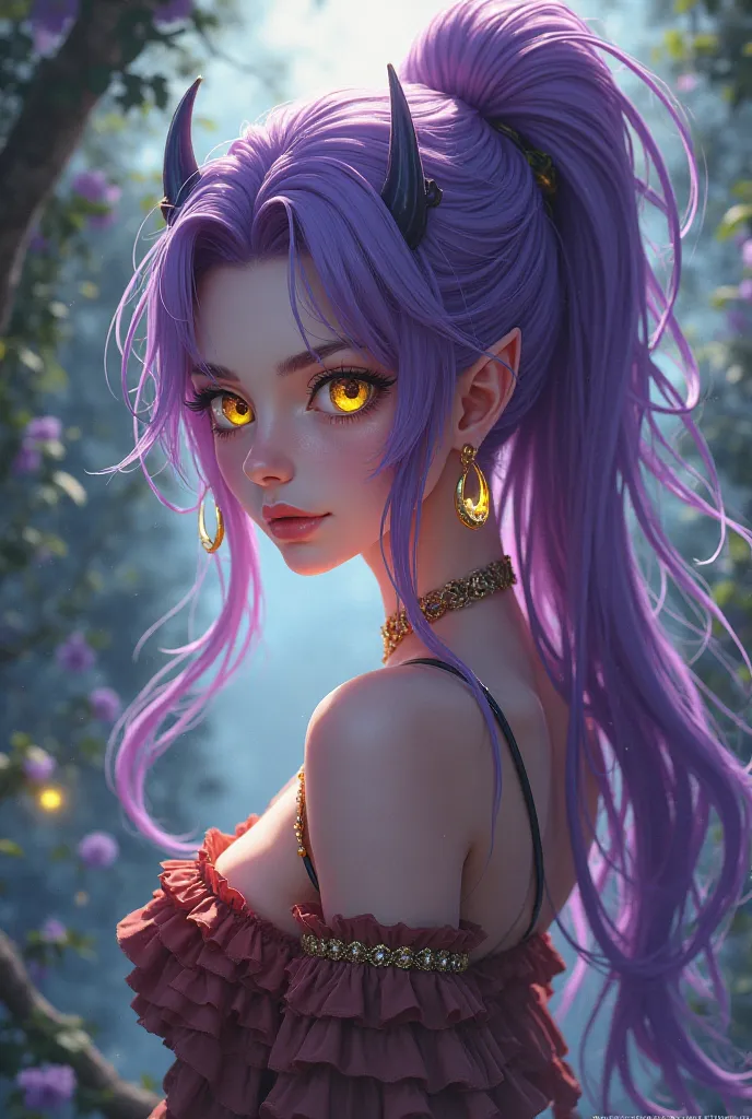 Fille démon , Fairy tail , yeux jaune , tenue d'été Cheveux Longs, Cheveux Violets, Chignon, Boucles d'Oreilles Croissants, 