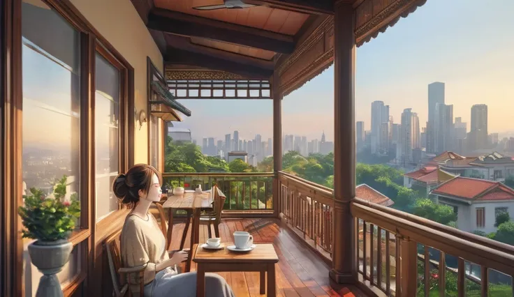 morning、Mansion veranda、morning食、Woman Drinking Coffee、light、kind、City Scenery Seen from Home、point layer method、high quality、걸작high quality,4K,hyperrealistic, expert level,soft lighting,Fine Textures,Vibrant Colors,Beautiful Veranda,Coffee Drinking Slowly...