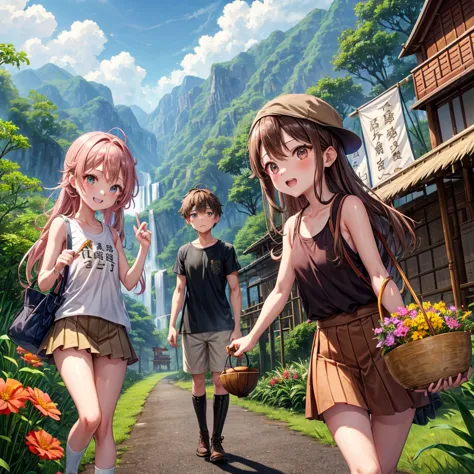 pink brown brown gold hair、 eye、  Has hair tied  、Two cute people、 Check Mini Skirt、  black t-shirt、 Light clothing、 tank top、 camisole、high socks、 Boots、 teeth inside、  The Road Is Crooked 、Mountain々、Stick together  、 bamboo forest、 chest pocket  、rock sa...