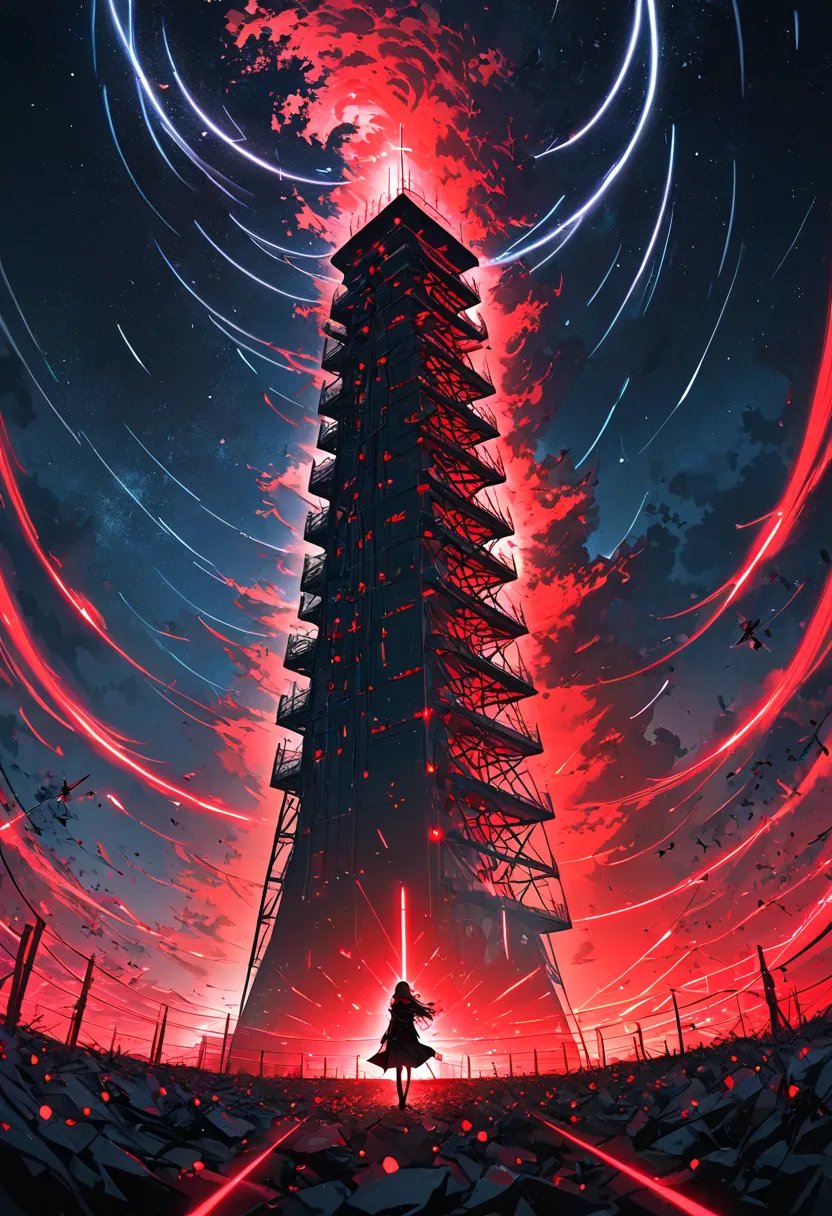 Technological tower with red light on top, red light wave, shooting stars, a girl with black coat standing in front of tower, white orbits, strong wind