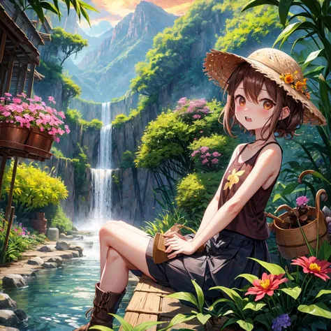 pink brown brown gold hair、 eye、  Has hair tied  、Two cute people、 Check Mini Skirt、  black t-shirt、 Light clothing、 tank top、 camisole、high socks、 Boots、 teeth inside、  The Road Is Crooked 、Mountain々、Stick together  、 bamboo forest、 chest pocket  、rock sa...