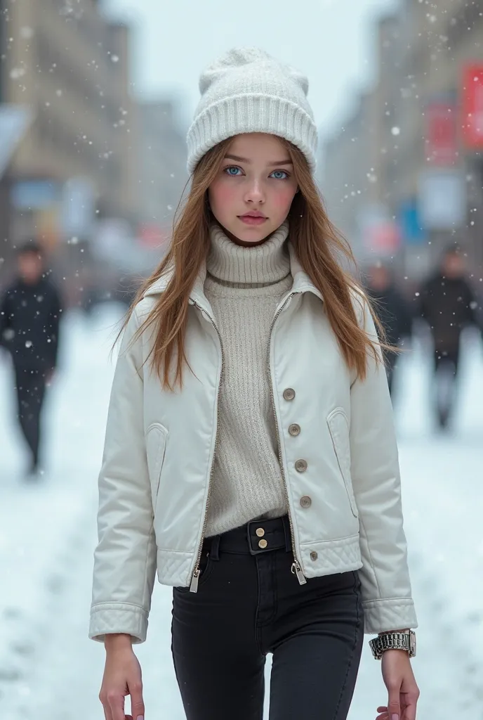  Young girl,  is walking down the street, watches are on hand looking at the camera, skinny black flared pants, short white jacket, white hat , blue eyes, winter, Front view.