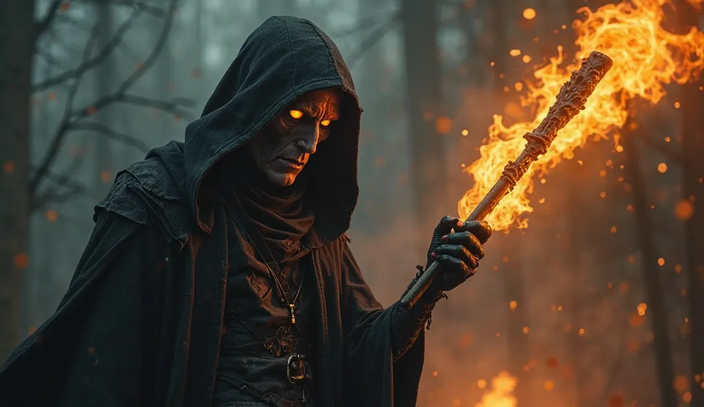 Cinematic Style     
a wicked sorcerer(tall and gaunt old, His big eyes burn with an eerie yellow glow, and his long head is covered with a black tall hood. He wears a black. clutch an ancient staff carved ) unleash a storm of fire and shadow.