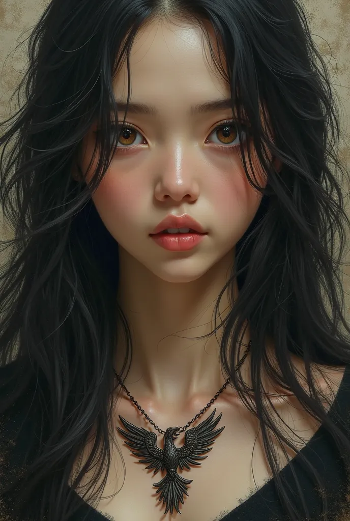  Girl with Long black hair and dark brown eyes with Phoenix pendant 