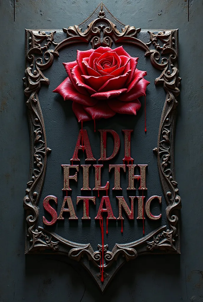 Red Blood Rose plaque with the capital words "ADI FILTH satanic"