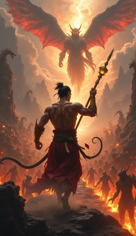 Sun Wukong, the legendary Monkey King, stands at the center of a sprawling, chaotic demonic battlefield. His bare, muscular upper body glistens with battle scars, and his golden headband (Jin Gu Zhou) glows faintly, radiating divine energy. He grips his en...