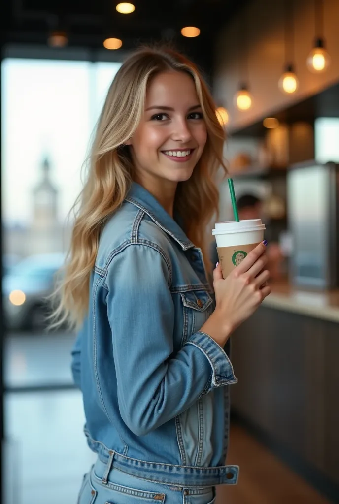 buttock view , standing in a starbucks wearing a  denim kacket and jeans chilling with her coffee , 4k hd, viewed from behind looking over her shoulder, smiling, 