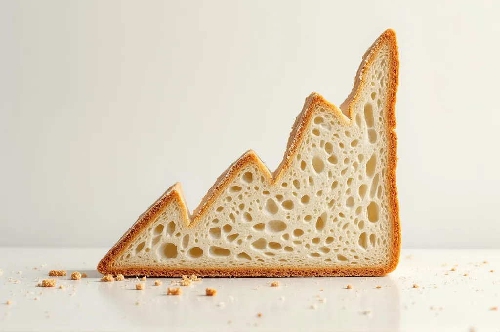 A slice of bread with a ripped slice diagonally through the middle in the shape of a market trend with crumbs around the edges