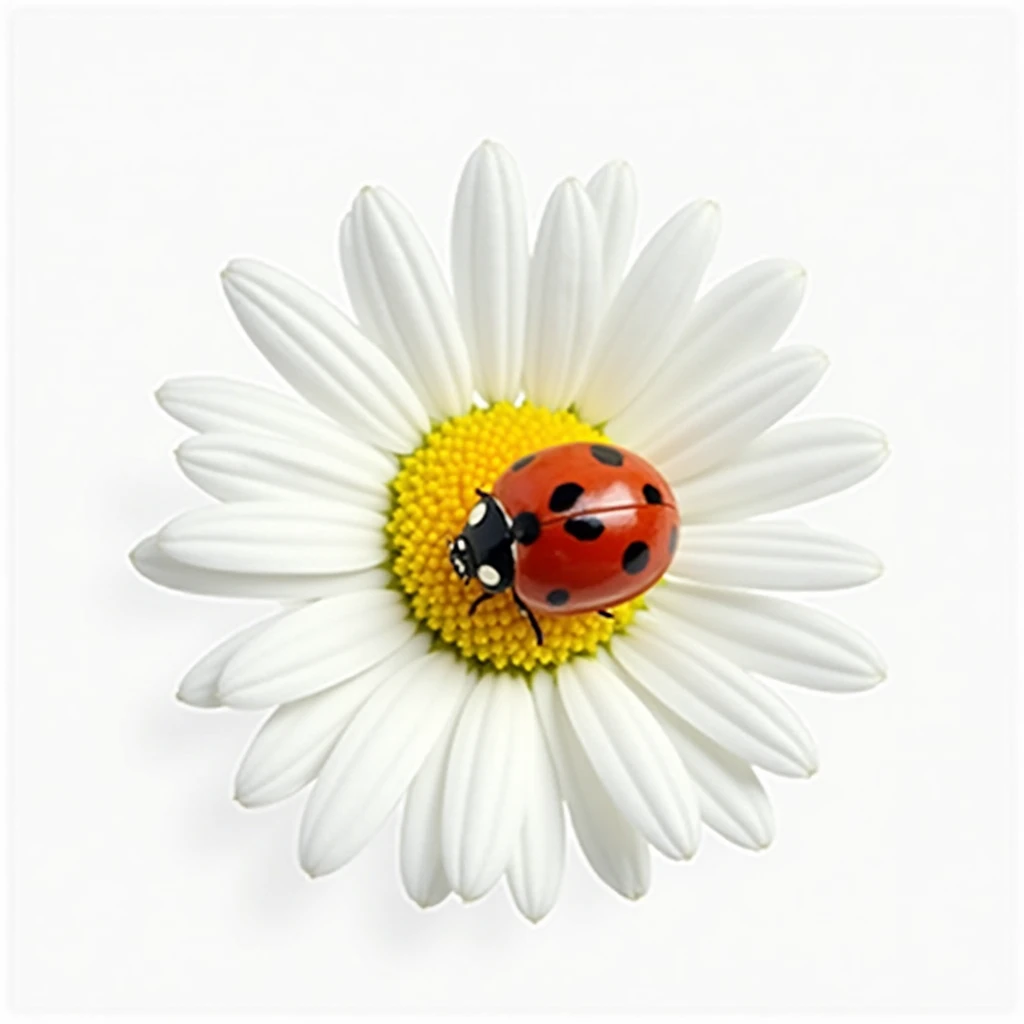 Create an image of a vibrant red ladybug with black spots delicately perched on the bright yellow center of a daisy flower. The daisy's white petals are crisp and fresh, radiating outward in a perfect circle. The scene is set against a clean, pure white ba...