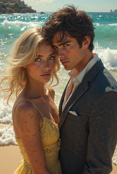 A blond woman with striking eyes and a dark-haired, blue-eyed young man. beach , Mafia and romance between the two 