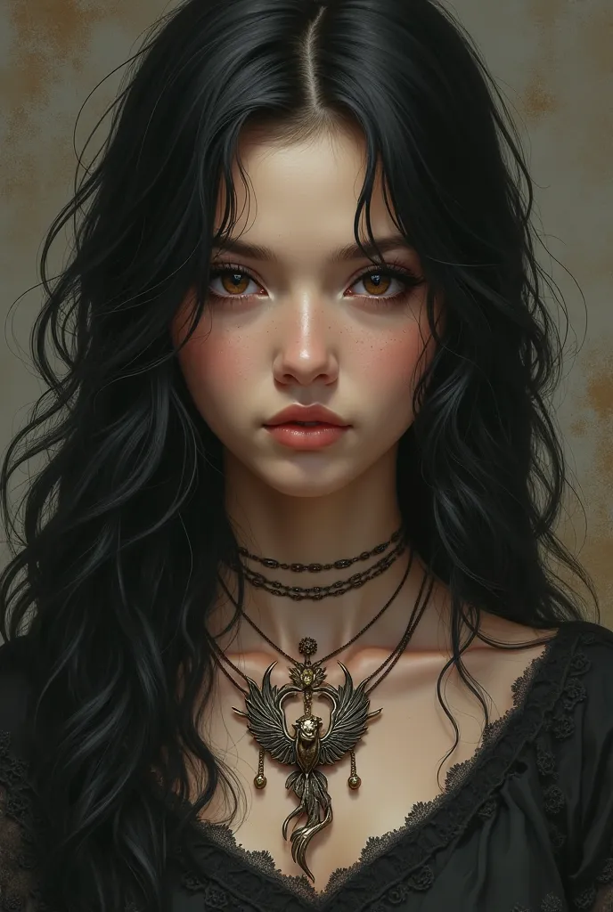  girl with long black hair and dark brown eyes with Phoenix pendant 