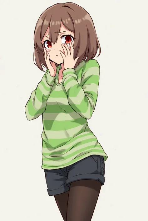 ((Best Quality)), ((masterpiece)), (detailed), Undertale Chara, Brown hair, (brown shorts: 1.3), bob cut, short hair, black pantyhose, (Green shirt: 1.3), Red eyes, (1 girl: 1.3), (Alone: 1.3), Stripes, striped shirt tits with a height of 2 and 1.0 centime...