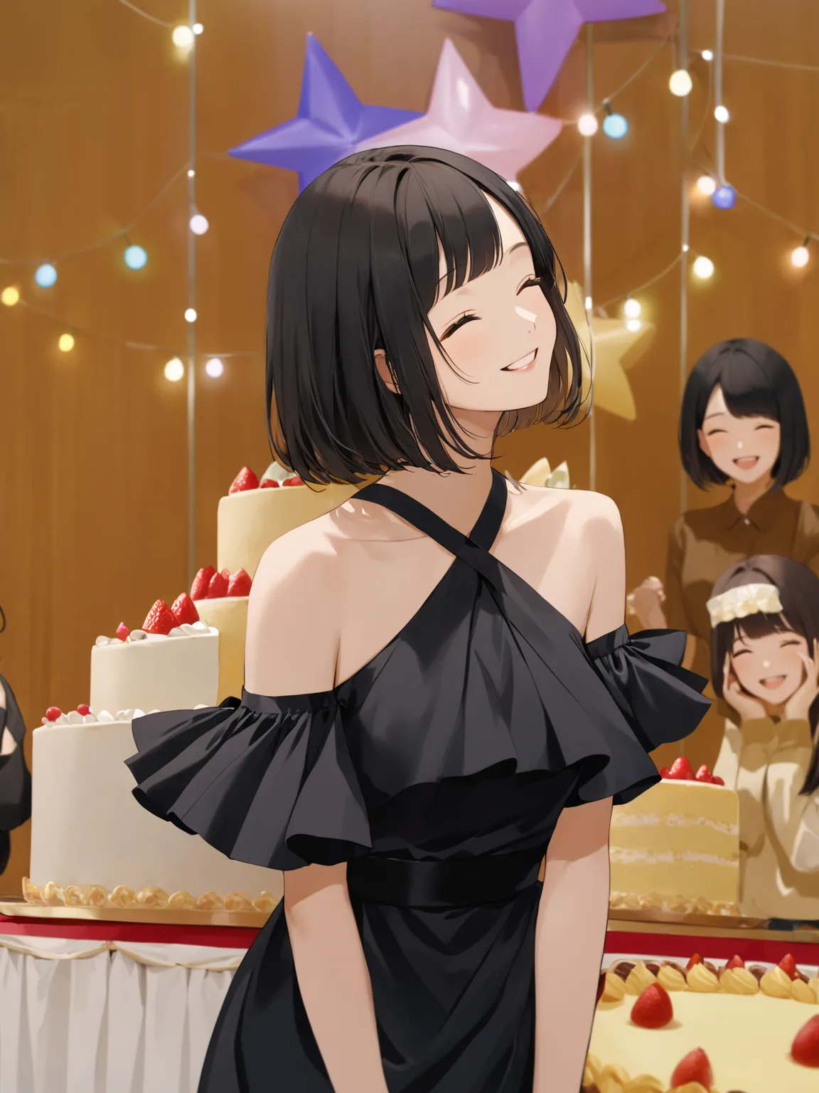 there is a woman in a black dress smiling and looking at a cake, the hime cut, close eyes, sui ishida with black hair, sha xi, chiho ashima, jaeyeon nam, aoshima chiho, gemma chan, joy ang, she expressing joy, chiho, kiyoko suzuki, lovely smile, iu, black ...