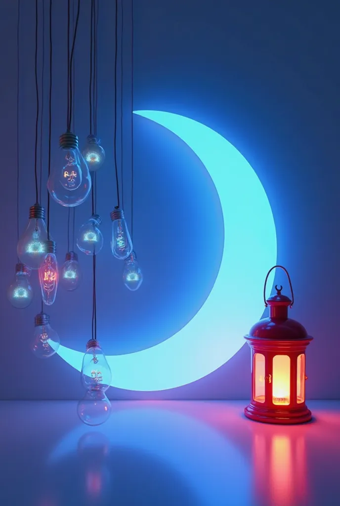 "A realistic 3D crescent moon with a neon blue electric glow, symbolizing the fusion of Ramadan spirit and modern technology. The moon appears solid and three-dimensional, reflecting light subtly. A red lantern with an illuminated electric glow effect stan...