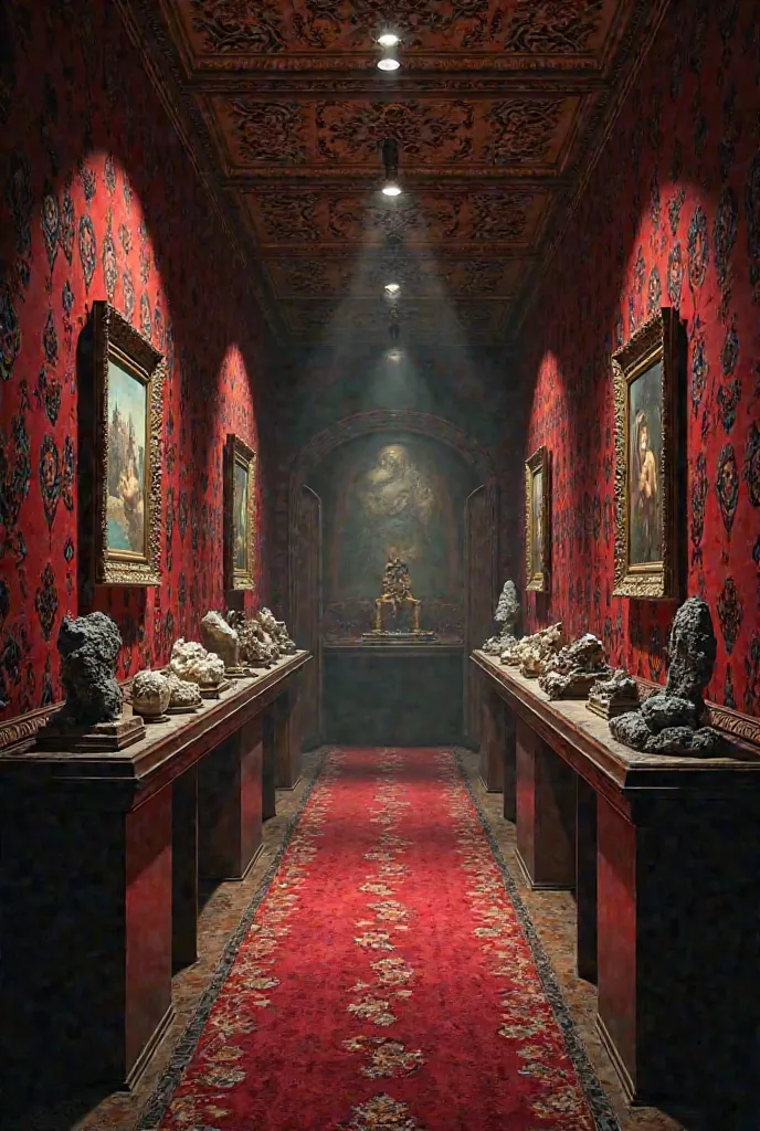 Créer une image d'un couloir sombre (losanges noirs+blancs, murs tapisserie rouge, plafond bois sculpté, sans lustre au plafond)
tableaux au mur
socles avec objets (minéraux, objets rares et chers)