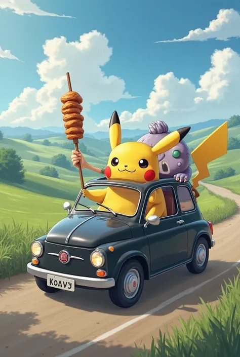 Pikachù in a black Fiat Panda with a monster and a pita kebab, While driving through the countryside