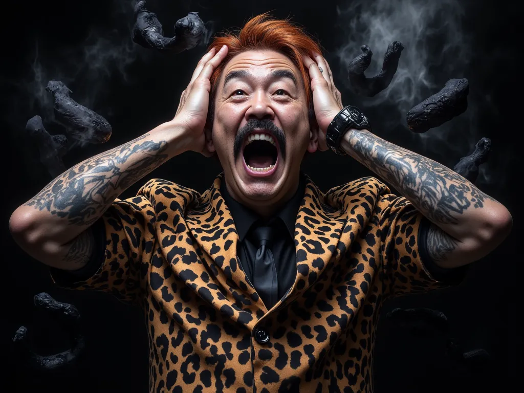 middle-aged man, Tattoo, Asian people, 30 years old,  red hair, Black mustache ,  short mustache , wearing a leopard print suit, Raise your hands, hold your head, Open your mouth, shout, Black smoke drifting out of the mouth, Black magic characters floatin...