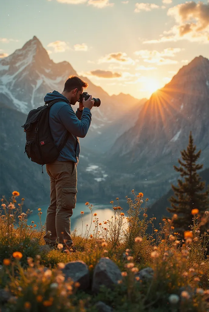 A guy taking pictures of flowers on a sunrise in a mountain, cinematic background 