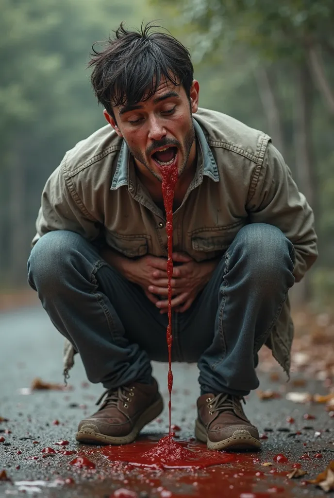 Young man vomiting on the ground realistic