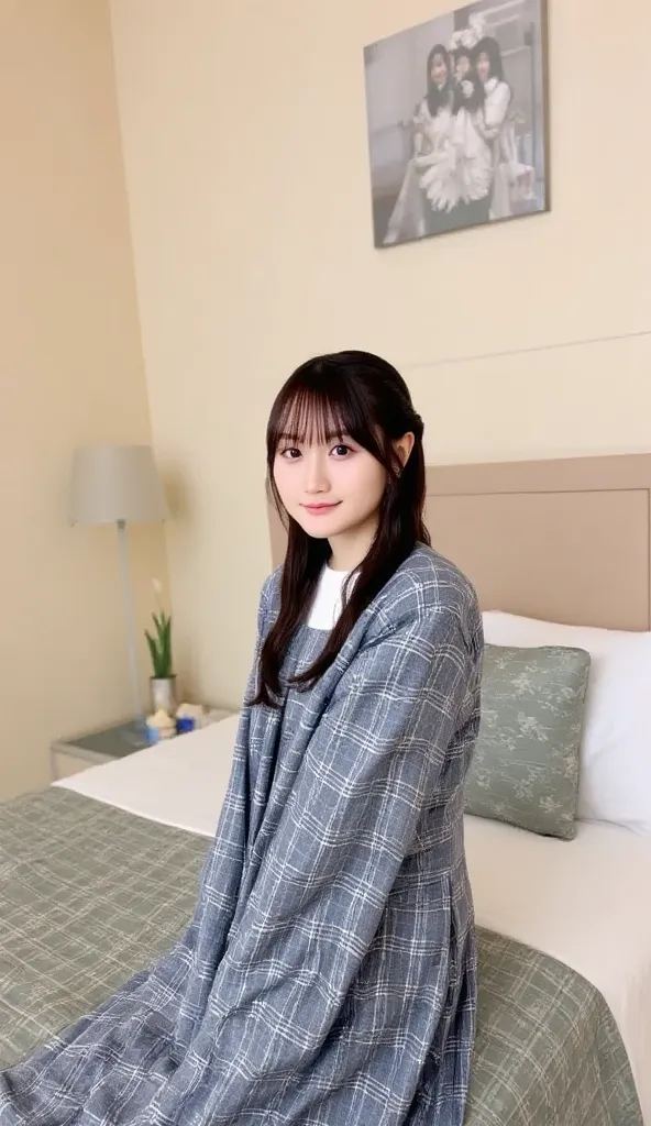   alone、natural body shape、   white skin、    natural cosmetics 、      black hair、bangs、     straight long hair at a fancy hotel   、、(expensive  、   barefoot、  white blouse、   blue plaid pleated skirt when you take off your bra )、、(   Reverse tortoise shell...